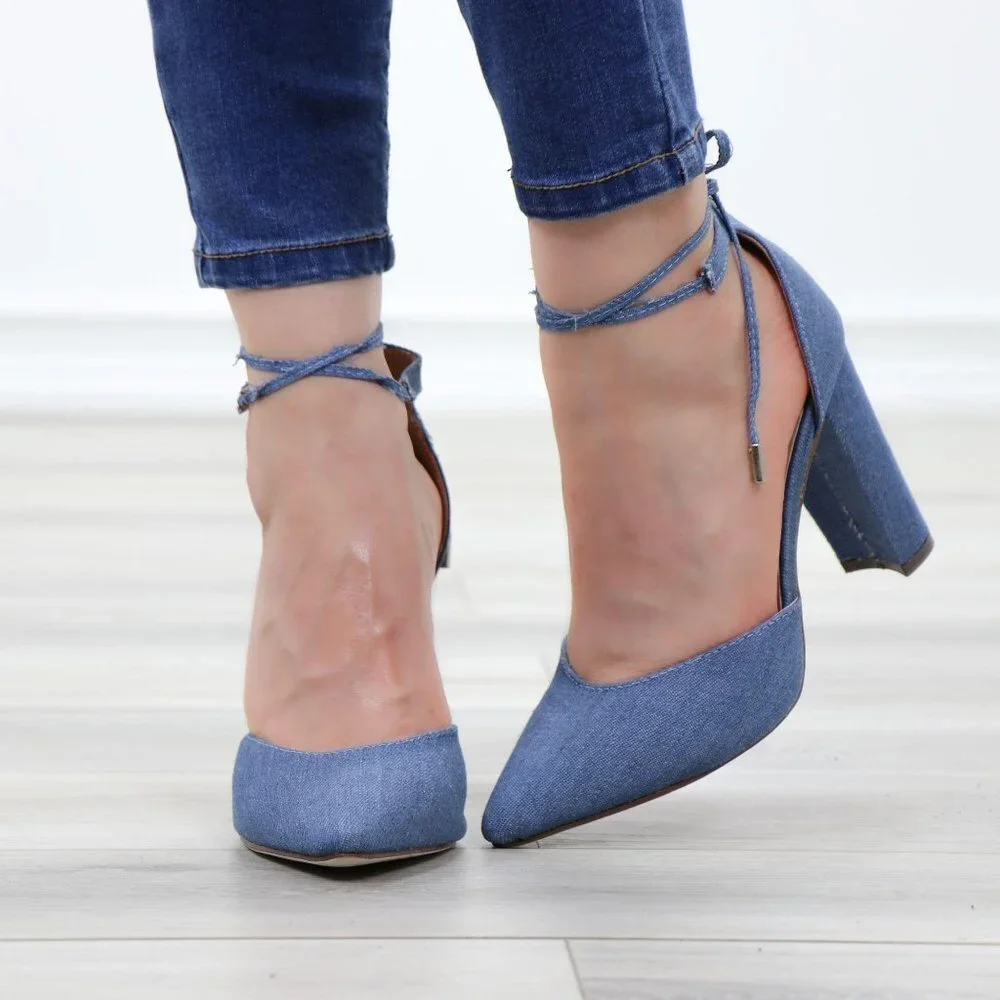 Denim Pointy Toe Block Lace-Up High Heel Pumps - Picture 9 of 15